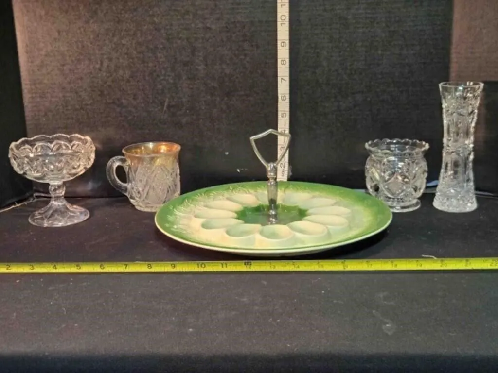 Egg tray, stemmed sherbet dish, stem vase, glass