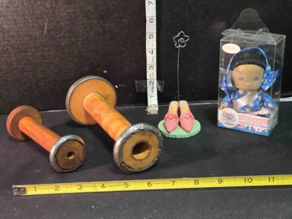 2 textile bobbins, letter holder, Precious Moments