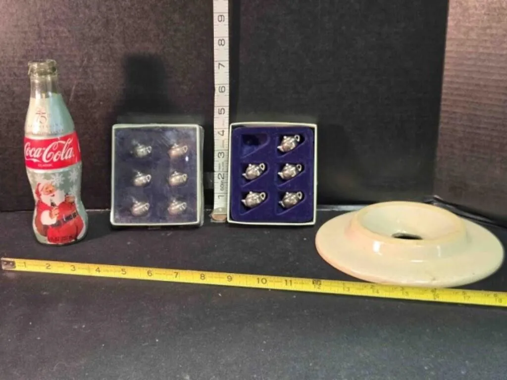 11 silver teapots, 75th Anniversary Coke, crock