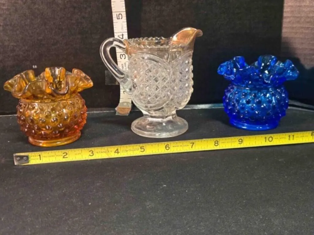 3 glass vases; 2 ruffled rim hobnail