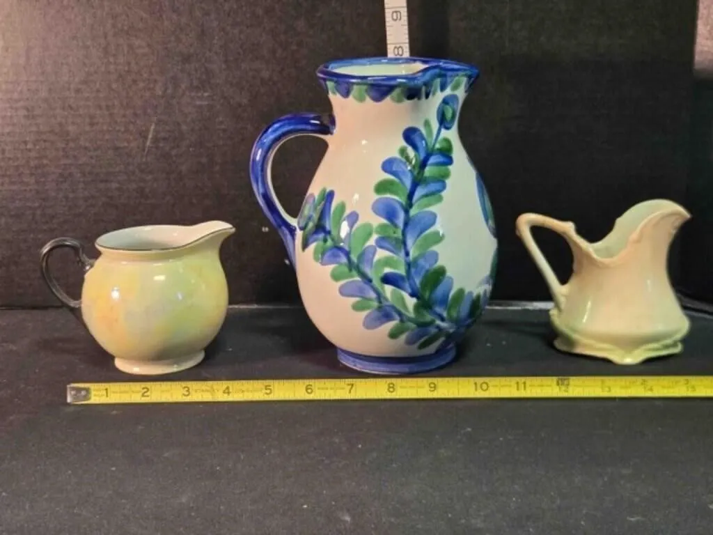 3 pitchers; Hand-painted 8" tall