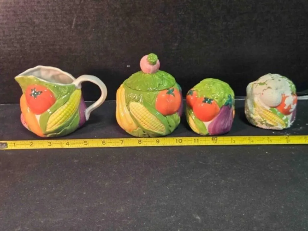 Garden scene creamer & sugar bowl, salt/pepper
