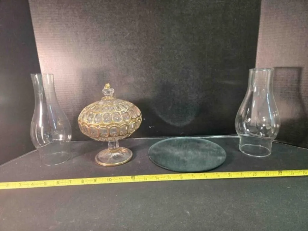 Candy dish &lid, 2 hurricane lamp chimneys, mirror