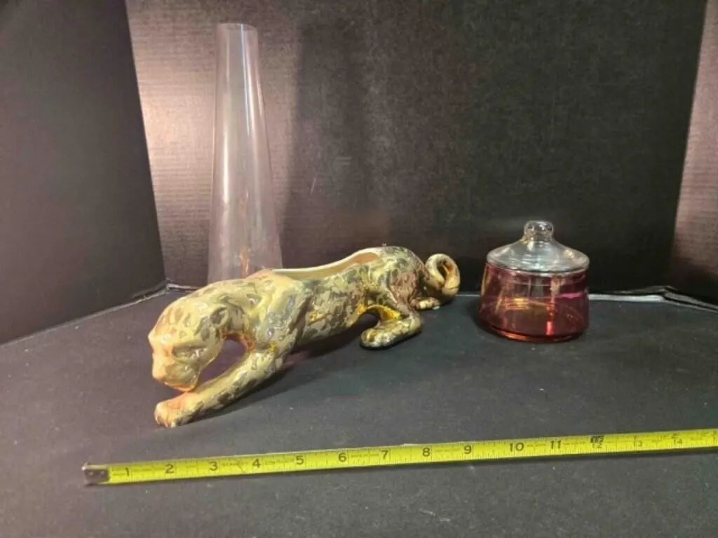 Gold-leaf panther planter, hurricane chimney, vase
