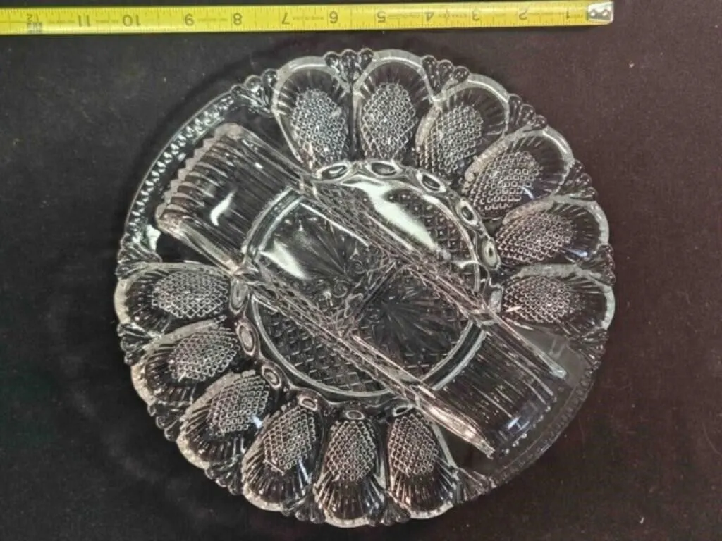 Clear cut glass deviled egg/relish tray, 11"