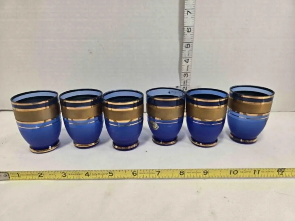 6 Bohemian cobalt blue/frosted cordial glasses