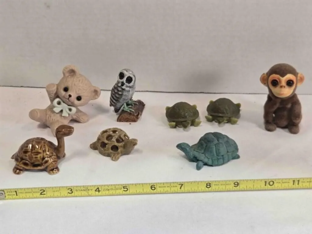 8 figurines; Fuzzy monkey , owl, Teddy bear