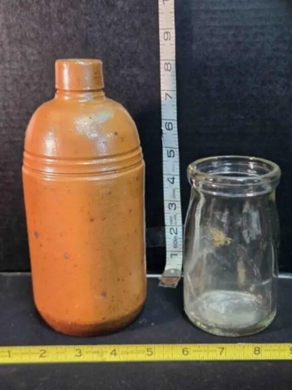 Light brown crock bottle & clear 12 oz jar