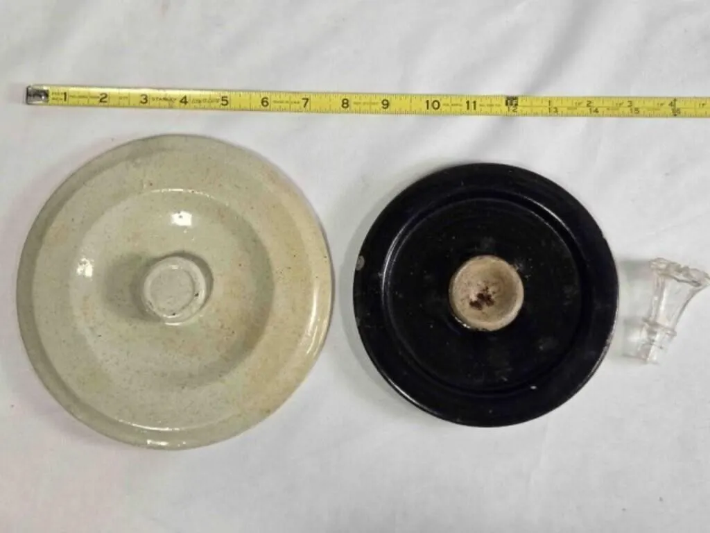 2 crockery lids, glass stopper 5/8"across