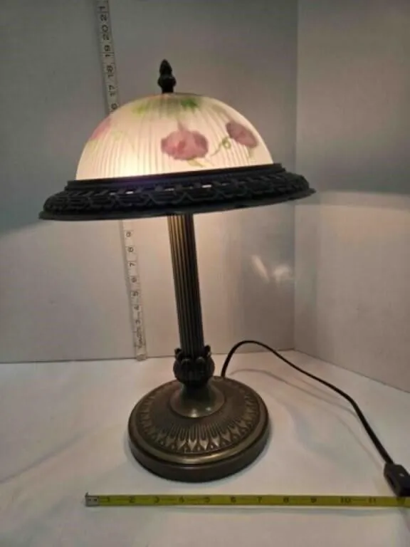 Lamp w/frosted, reverse-hand-painted glass dome