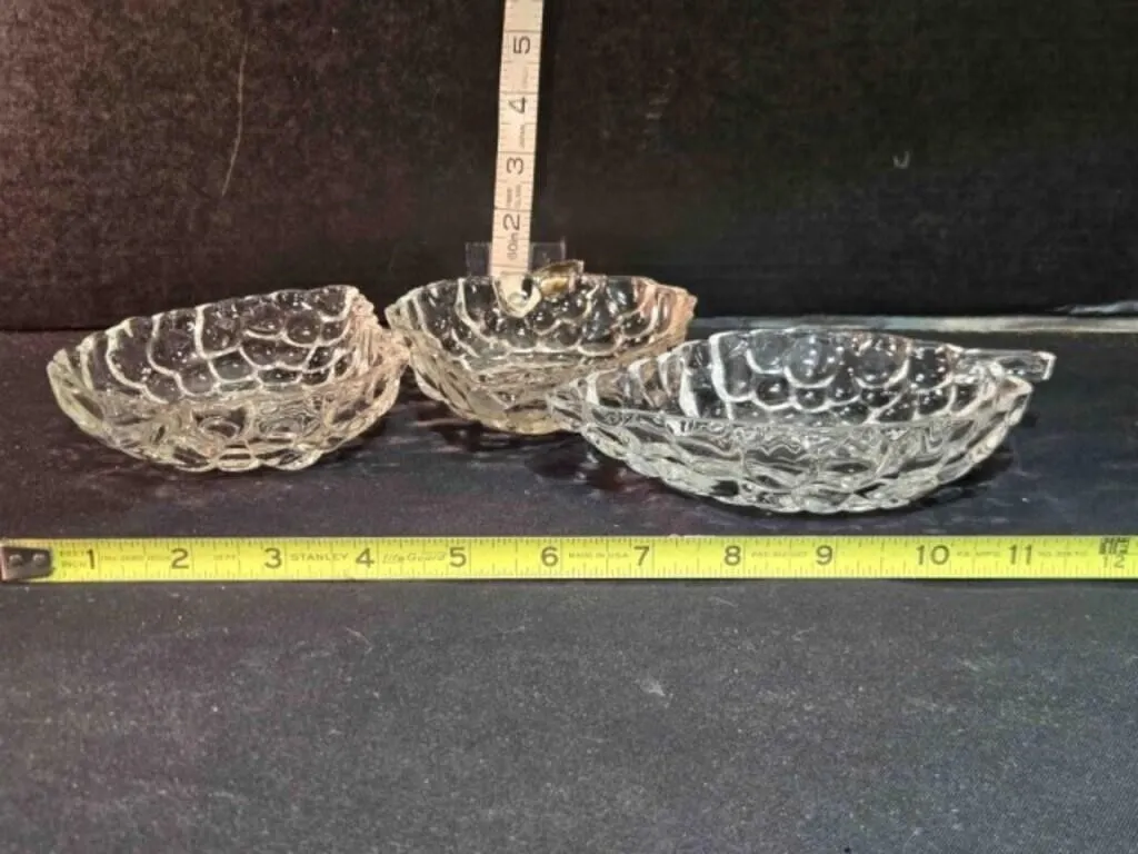 3 clear glass strawberry-shaped dishes, 6" long