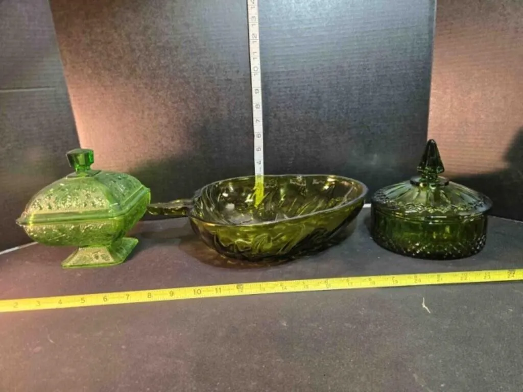 3 green glass dishes, 2 w/lids