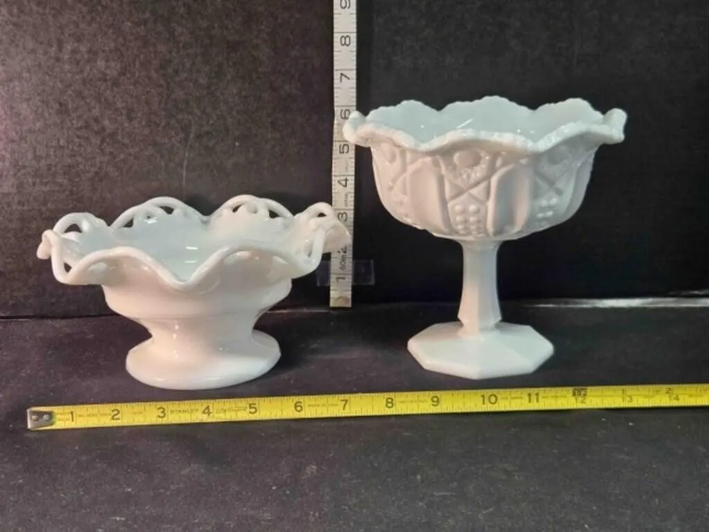 2 milk glass pedestal dishes, 6" & 4" tall