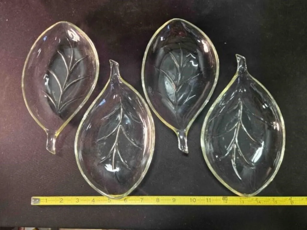 4 clear pressed glass leaf-shaped candy dish