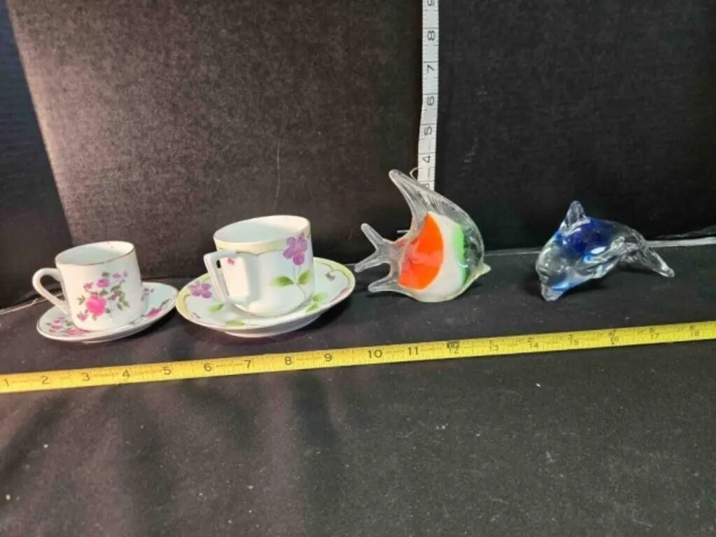 2 cup & saucer sets, Glass Angel fish & dolphin