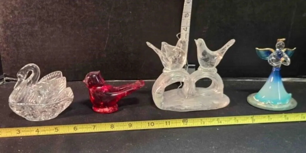 Swan dish; Glass paperweight; 2 lovebirds; Angel
