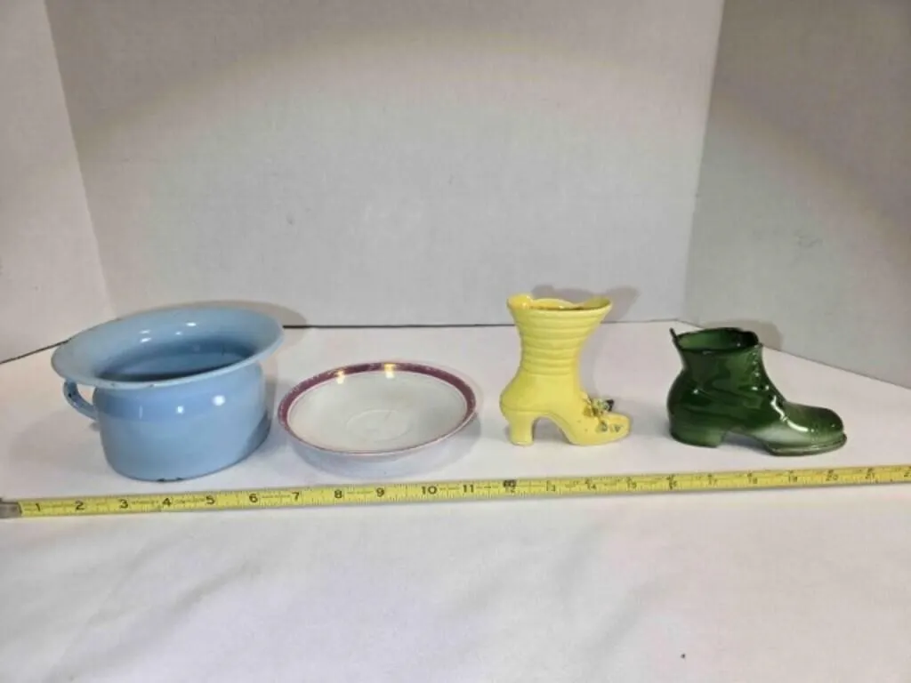 Enamel potty chair pot, saucer, 2 porcelain boots