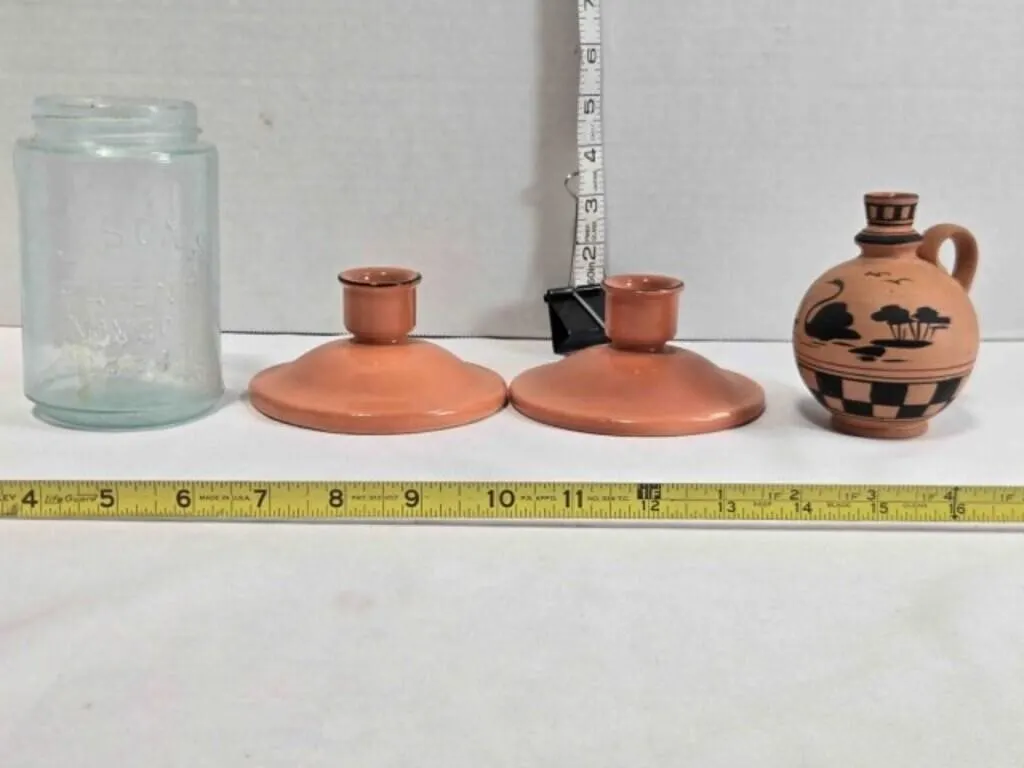2 ceramic candlesticks, clay pitcher, Mason's jar