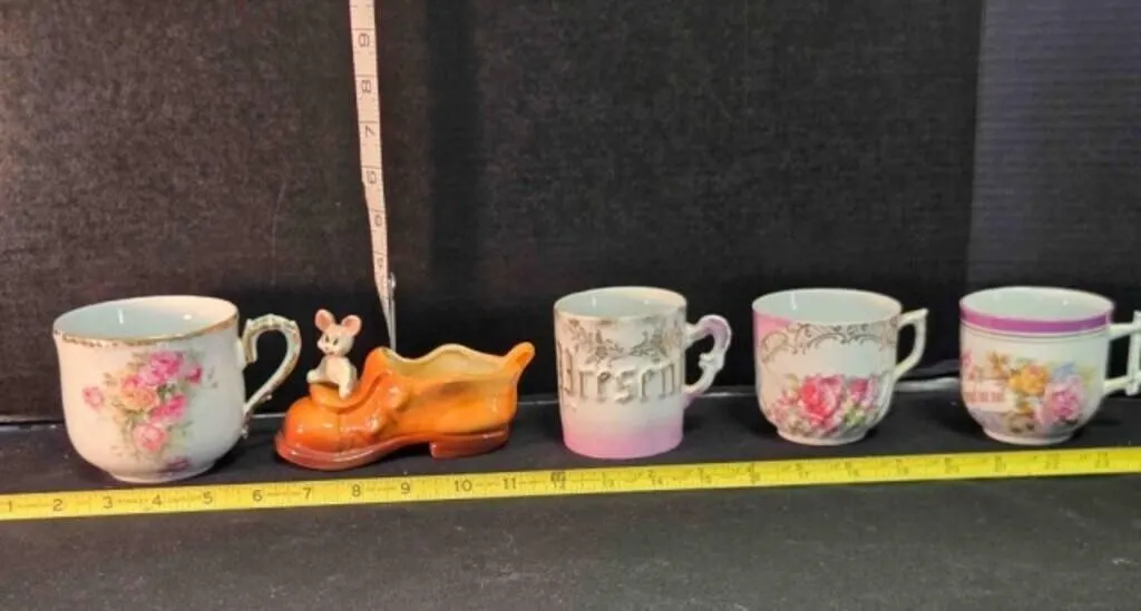 3 China cups, mustache cup, whimsical boot