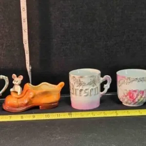 3 China cups, mustache cup, whimsical boot