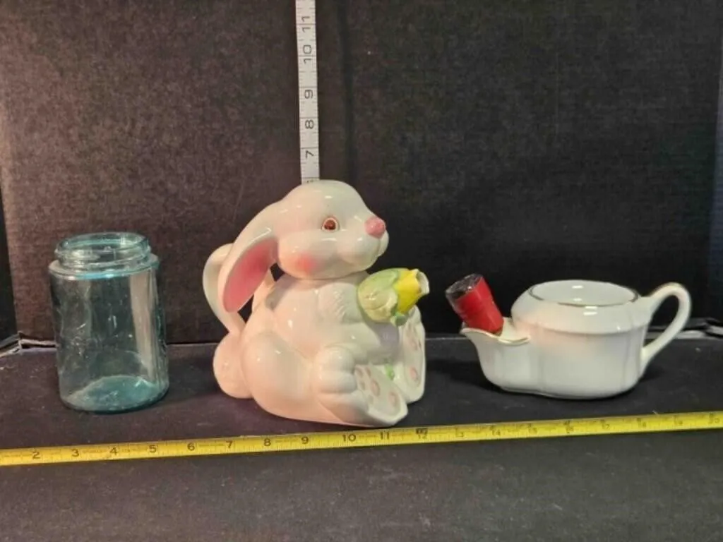 Bunny teapot, Mason jar, mustache cup & brush
