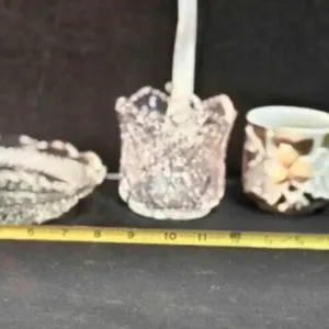 Cut glass, 3 part tray, jar, juicer, mustache cup