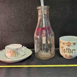 Vintage milk bottle, mustache cup/saucer, cup