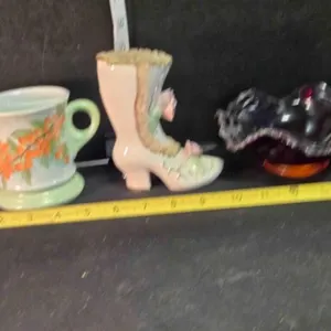 Mustache cup, ceramic boot, fluted dish