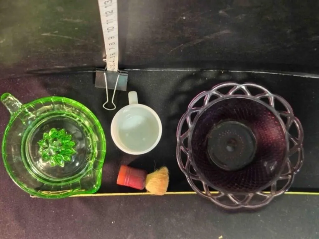 Juicer, mustache cup & brush, fluted dish