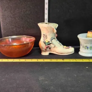 Glass bowl, ceramic boot, mustache cup & brush