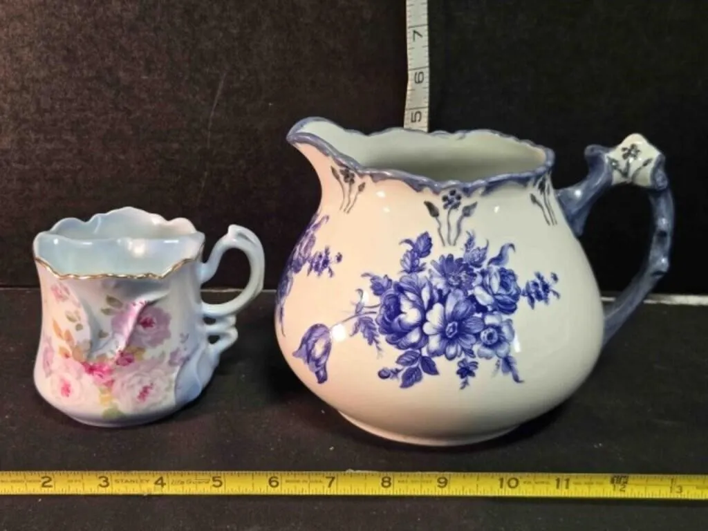 Pitcher w/blue flowers, Shaving mug w/rose designs