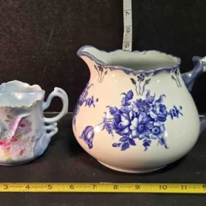 Pitcher w/blue flowers, Shaving mug w/rose designs