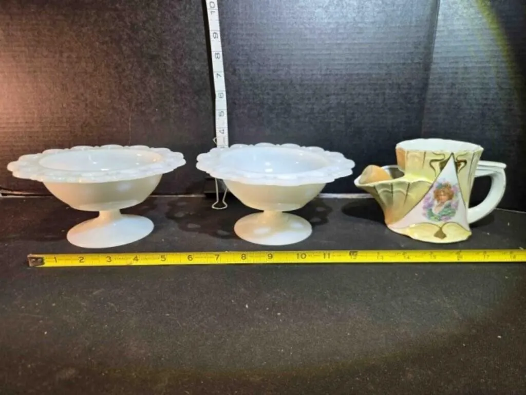 2 milk glass platform candy dishes, Shaving mug