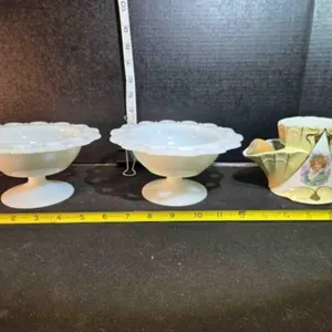 2 milk glass platform candy dishes, Shaving mug