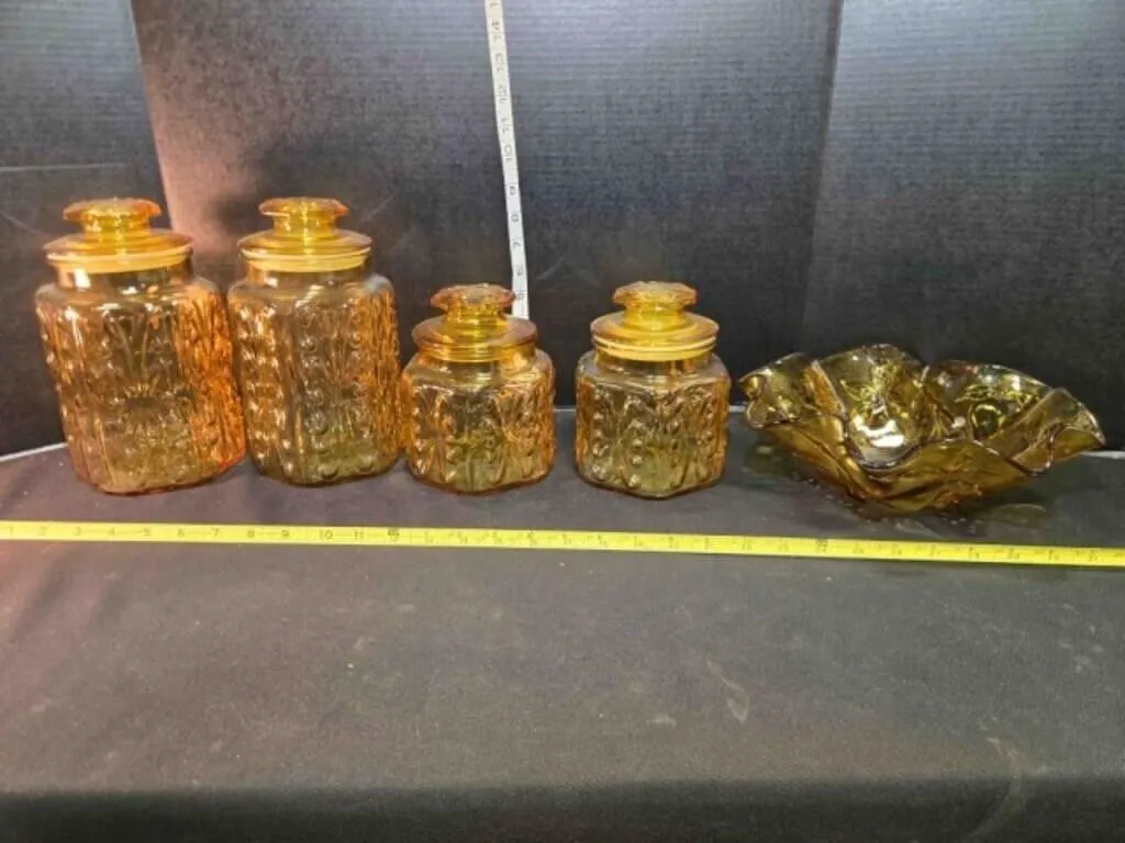 Amber glass canister set & fluted rim bowl