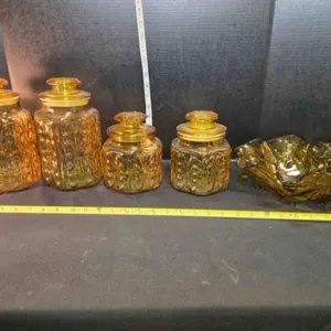 Amber glass canister set & fluted rim bowl