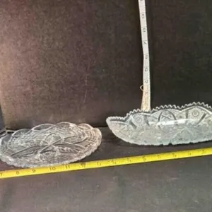 Cut glass; 2 relish trays, juicer, pitcher
