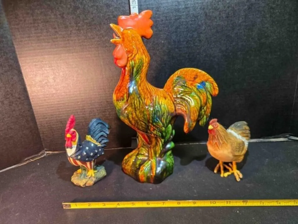 Ceramic rooster, patriotic rooster & hen