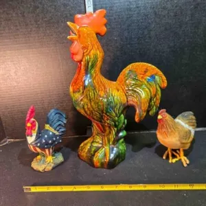 Ceramic rooster, patriotic rooster & hen