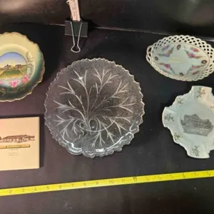 Glass plate & 4 souvenir saucers & tile