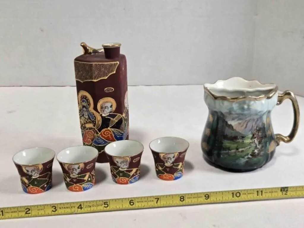 Saki bottle (5" tall) & 4 cups, Shaving mug