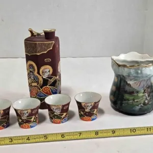 Saki bottle (5" tall) & 4 cups, Shaving mug