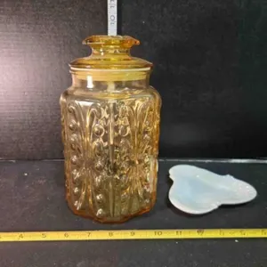 Amber glass jar w/sealing lid, milk glass tray