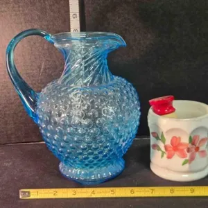 Blue hobnail glass pitcher, shaving mug & brush