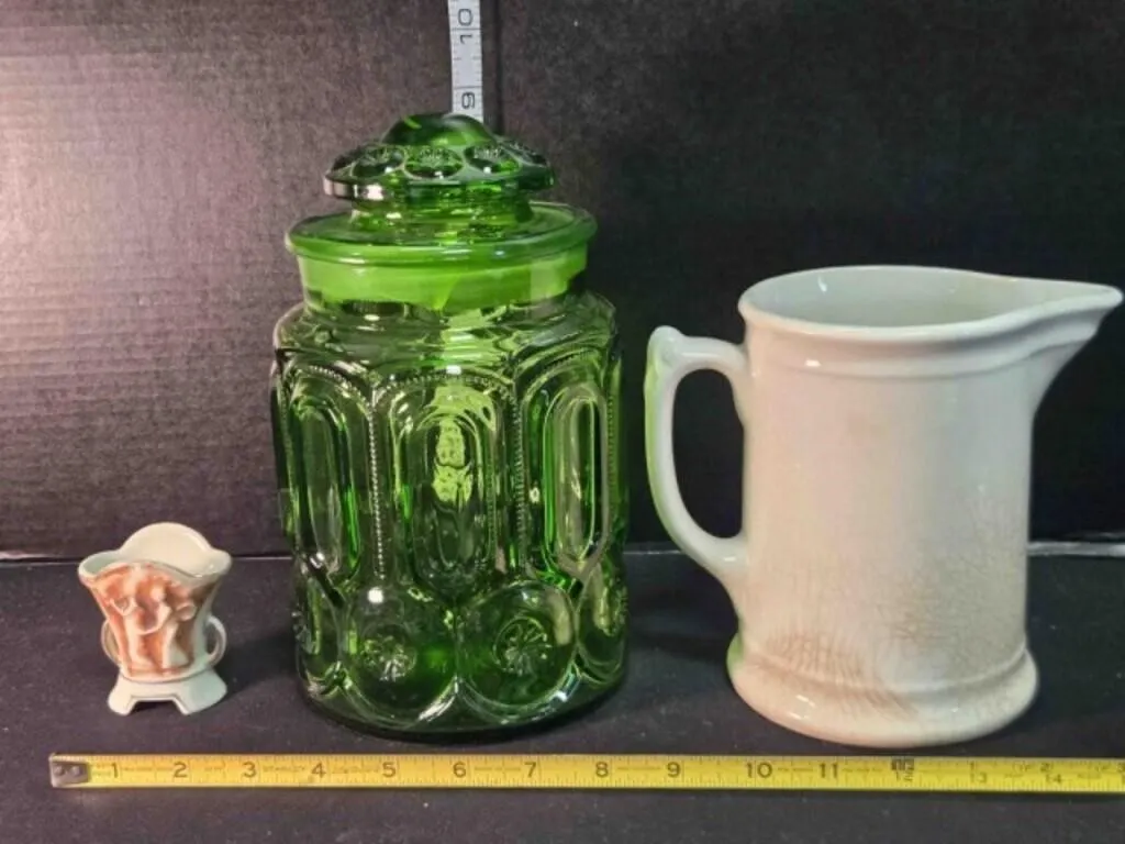 Green jar w/lid, small vase, crockery pitcher