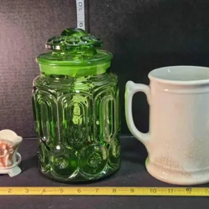 Green jar w/lid, small vase, crockery pitcher