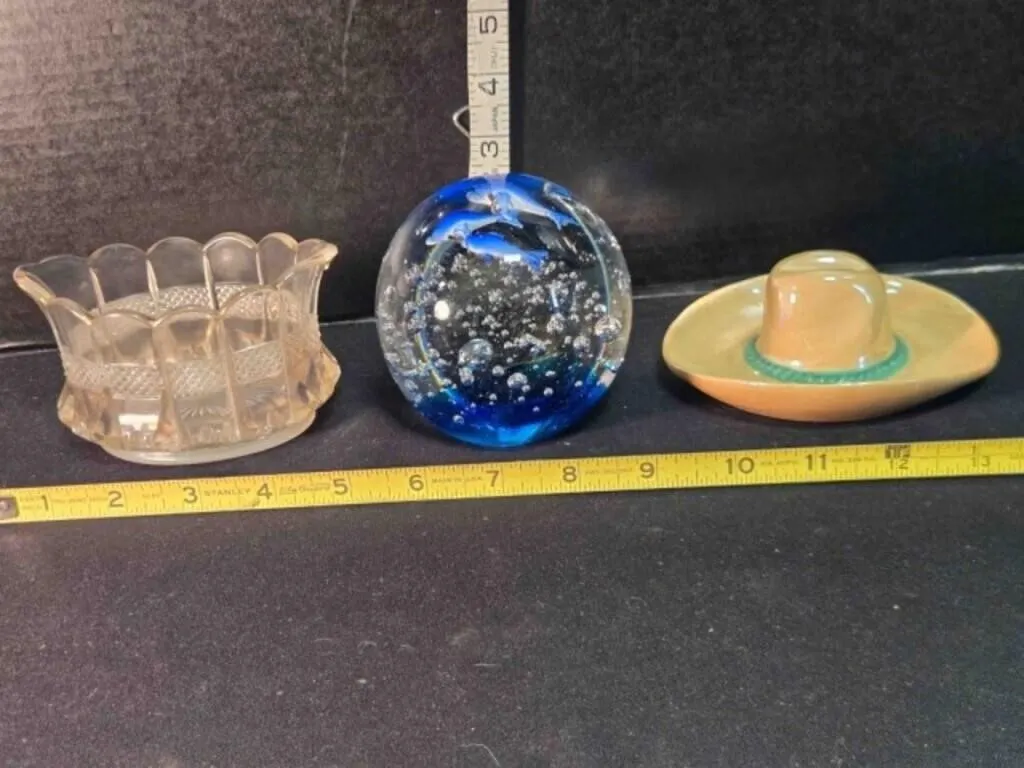 Glass orb w/dolphins, cut glass vase, sombrero