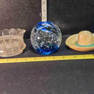 Glass orb w/dolphins, cut glass vase, sombrero