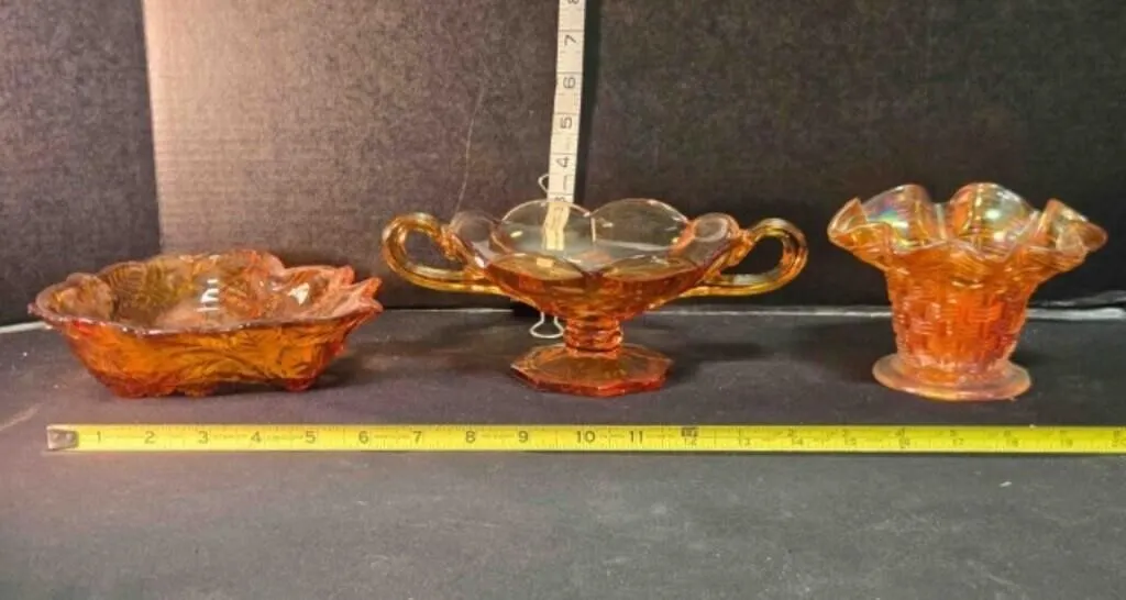 3 amber glass bowls, one pedestal