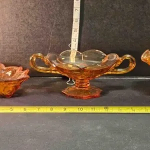 3 amber glass bowls, one pedestal